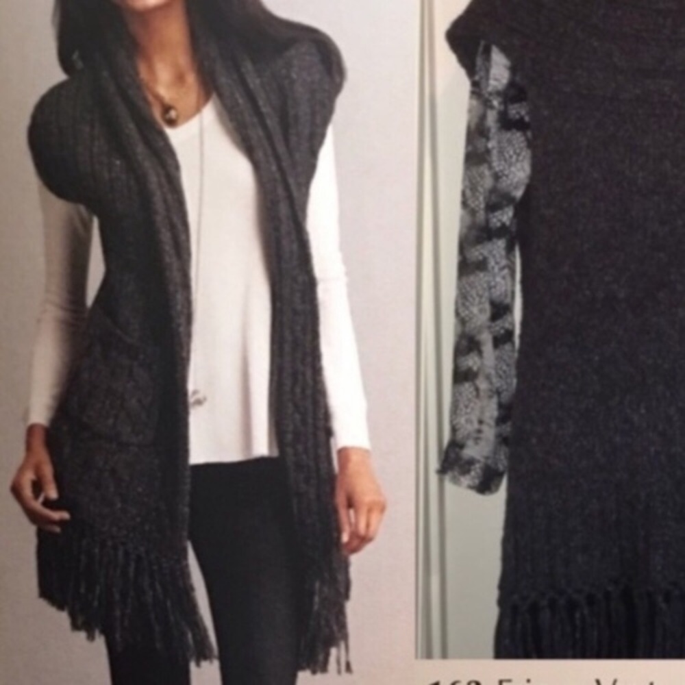 CAbi l Long Gray Knit Sweater Vest w/ Fringe